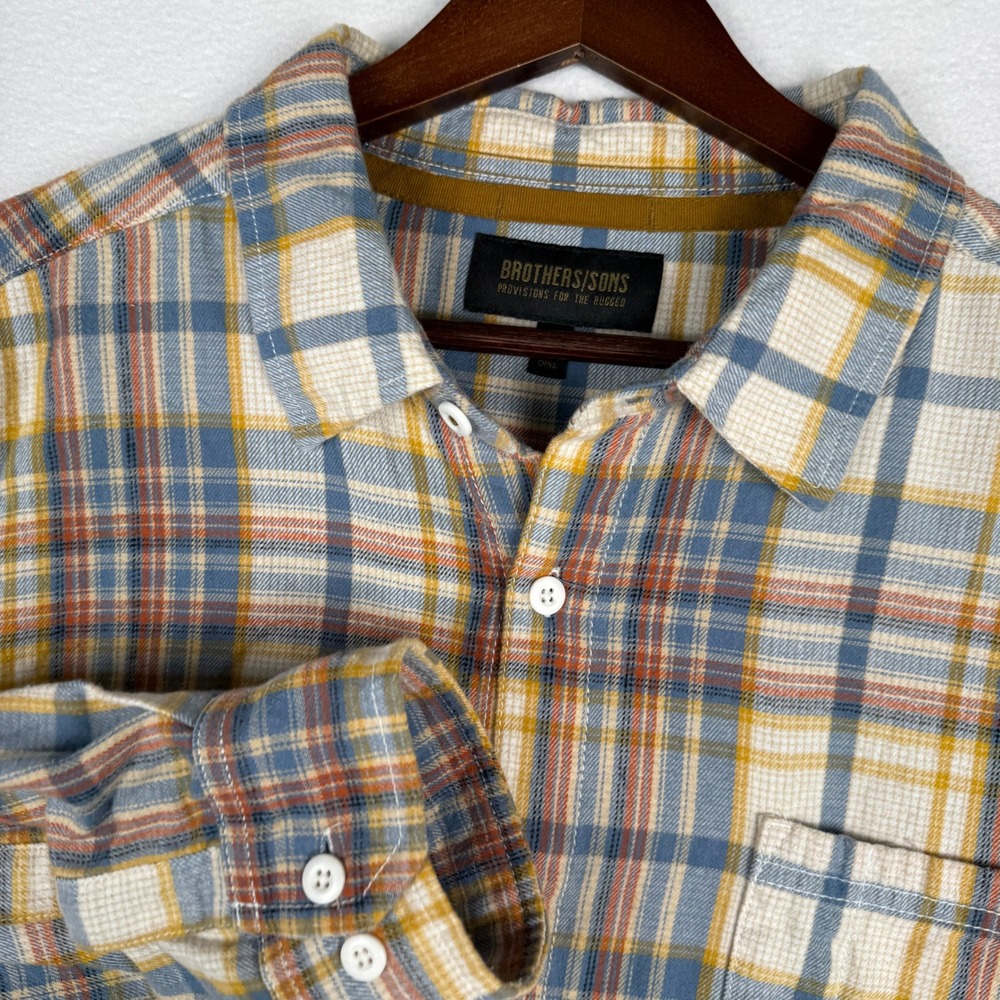 Brothers/Sons Mens XL Plaid Flannel Button Up Shirt‎ Blue Yellow BASSP23W72-BRM